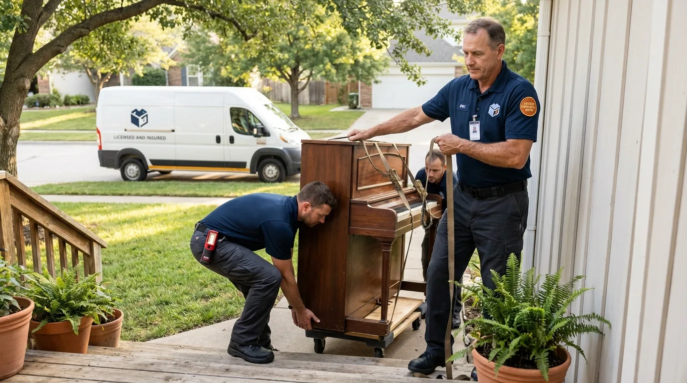 Licensed piano movers securing grand piano in Sag Harbor, NY