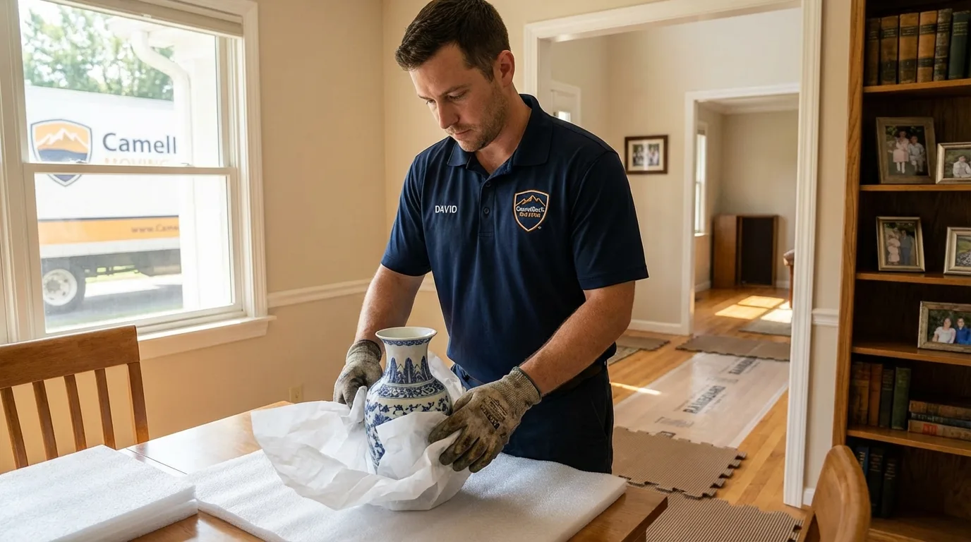 Professional crew carefully wrapping antique vase for senior downsizing move in Sag Harbor, NY